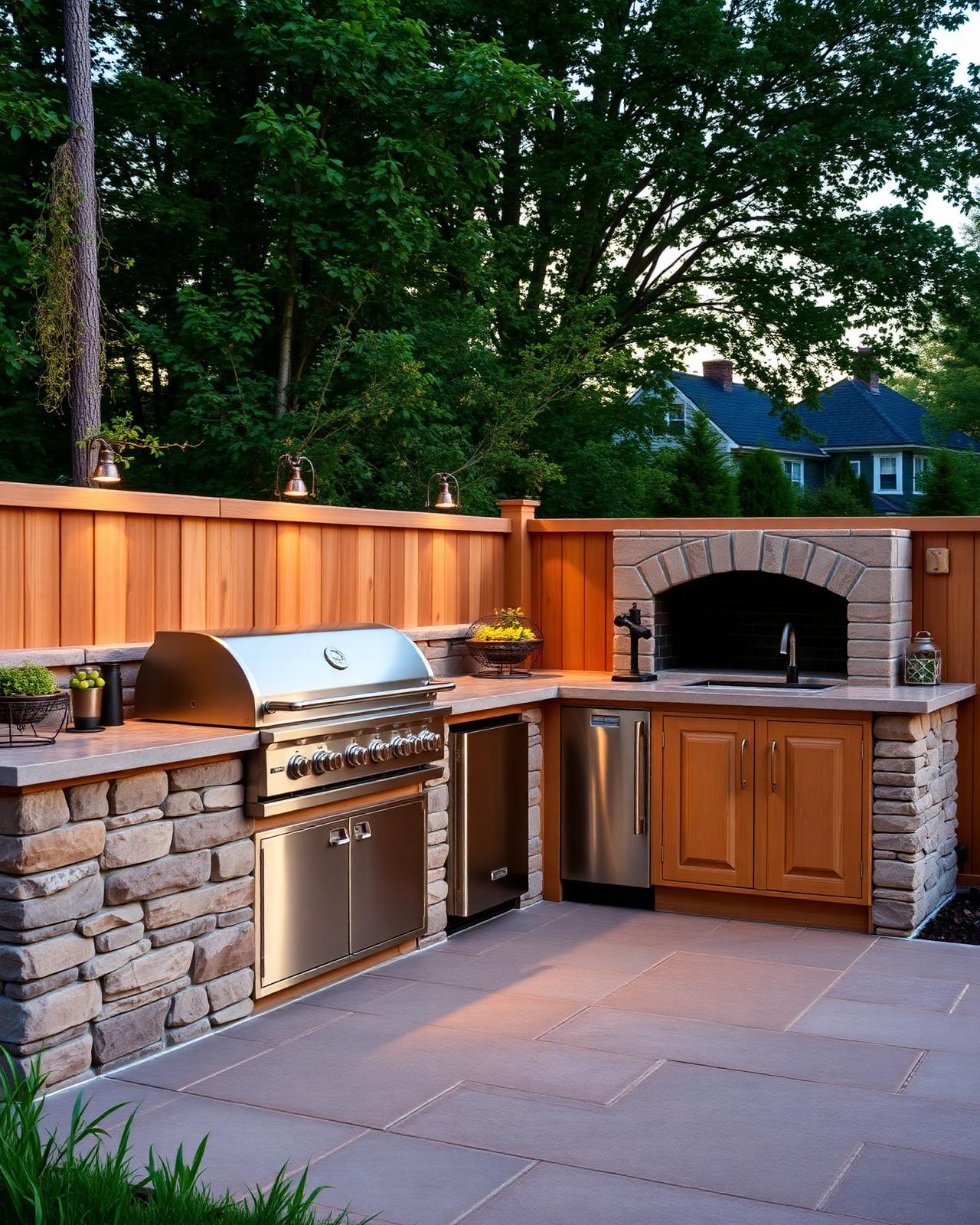 Custom outdoor kitchen with stone masonry, built-in grill, and pizza oven in a Boston backyard